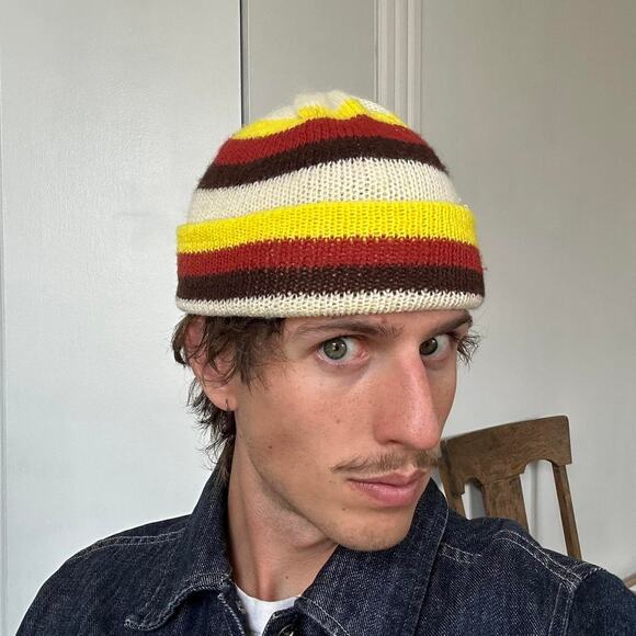 Vintage 70s Retro Striped Knit Ski Beanie Cuffed Winter Hat main image 5